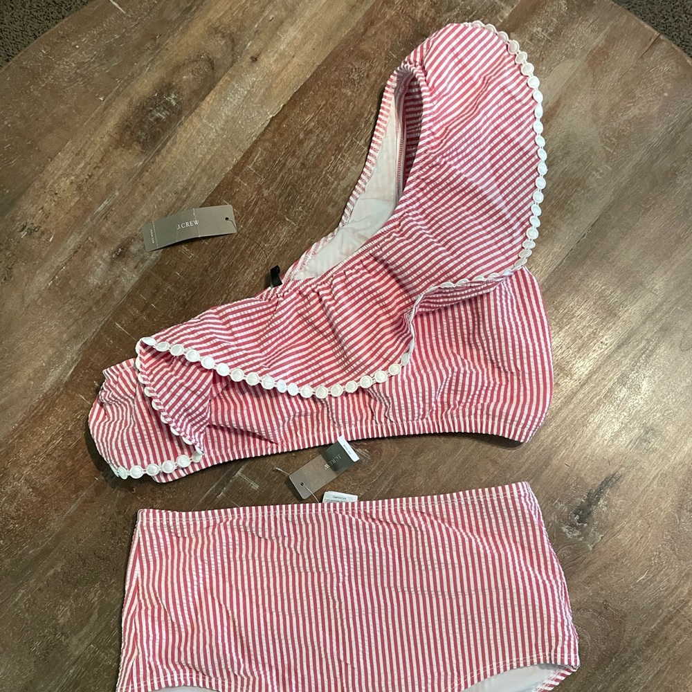 J Crew seersucker one shoulder bikini top